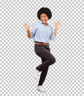 Buy stock photo Celebrate, excited and portrait of woman winner with energy, happiness and smile for good news. Victory, celebration and young African female model with success isolated by transparent png background