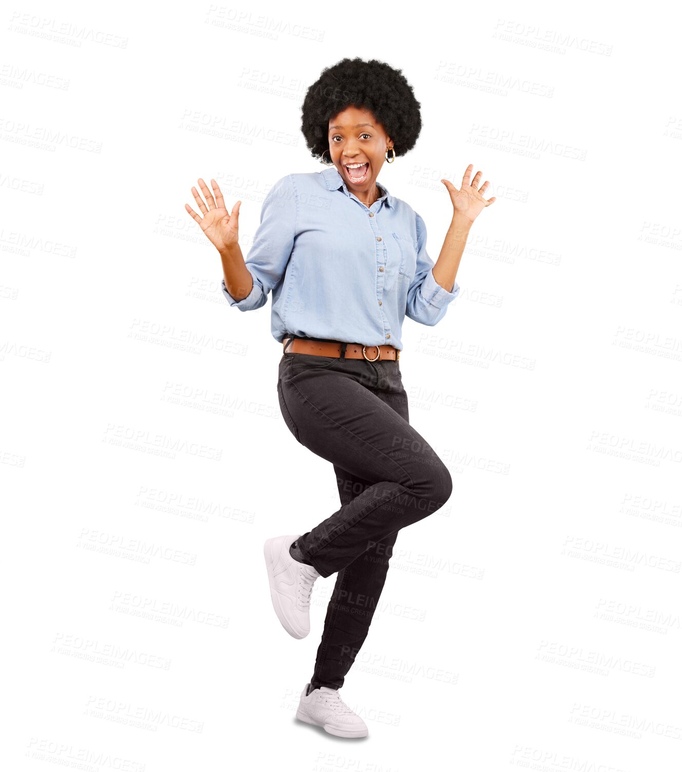 Buy stock photo Celebrate, excited and portrait of woman winner with energy, happiness and smile for good news. Victory, celebration and young African female model with success isolated by transparent png background