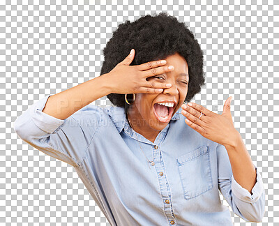 Buy stock photo Excited, black woman and peeking with hand on eye or shocked about winning. Portrait, V and female winner happy for wow deal, sale or announcement of good news isolated on transparent, png background