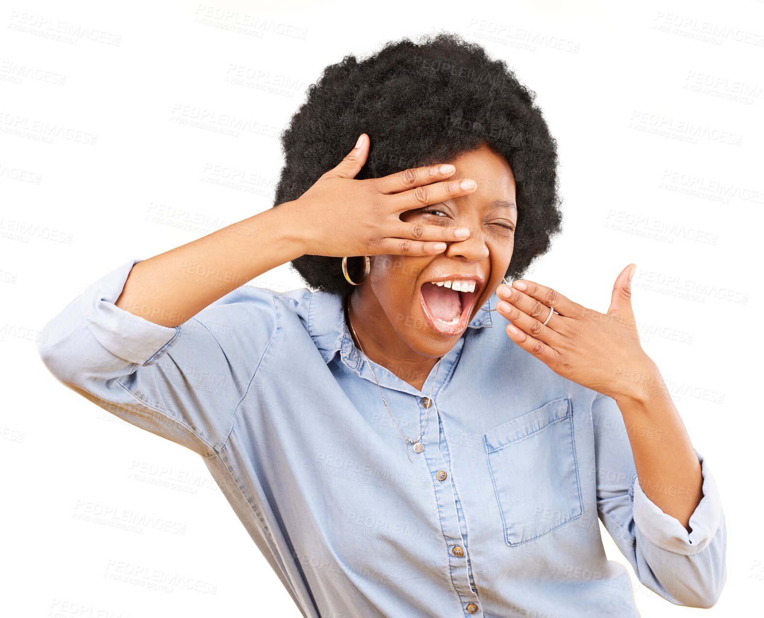 Buy stock photo Excited, black woman and peeking with hand on eye or shocked about winning. Portrait, V and female winner happy for wow deal, sale or announcement of good news isolated on transparent, png background