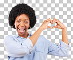 Love, heart hands and portrait of black woman, smile and kindness isolated on yellow background. Motivation, support and loving hand gesture, like sign or emoji, happy African model in studio mockup.