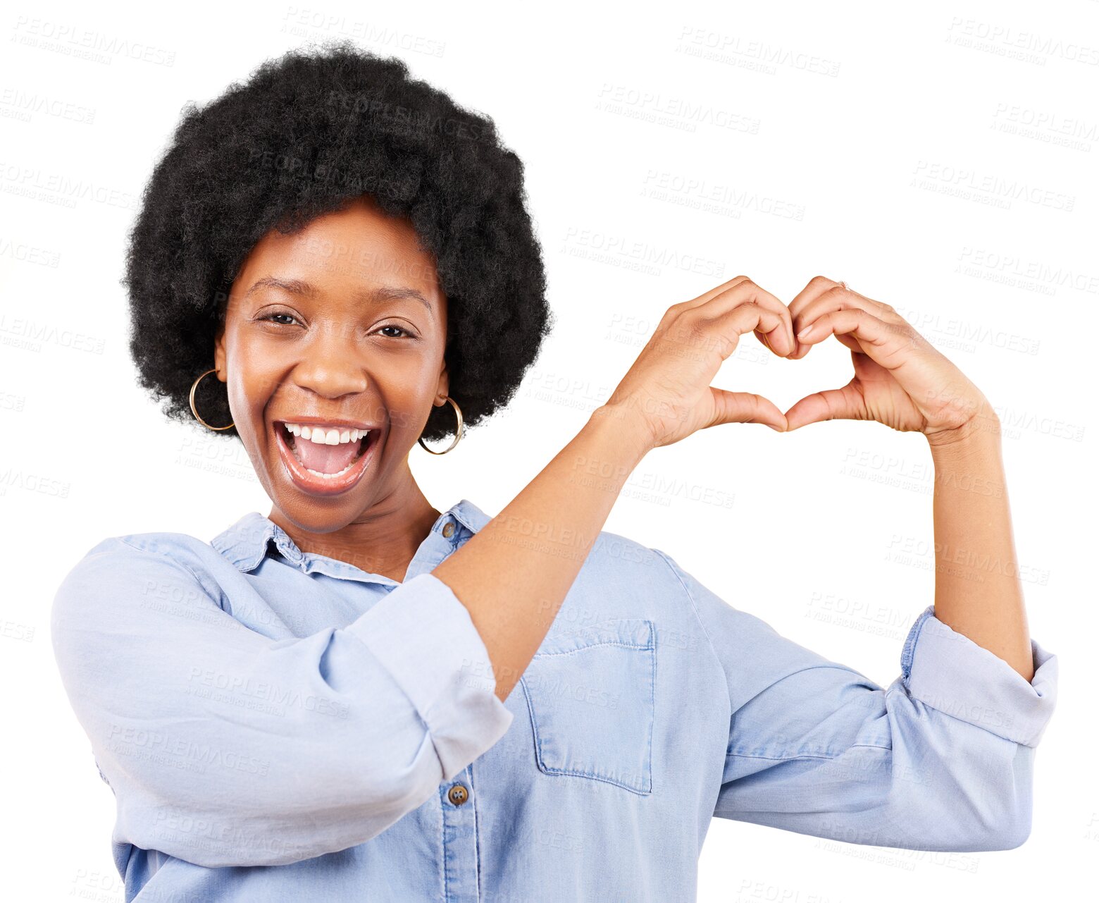 Buy stock photo Happy portrait, heart and hands of woman for care, kindness or charity donation isolated on transparent png background. Face of african model with finger, shape and icon of love, thank you and emoji 