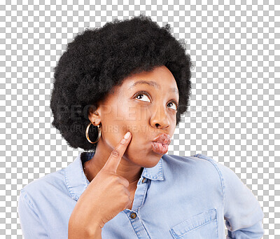 Buy stock photo Thinking, question and idea with face of black woman on png for doubt, wondering or decision. Choice, brainstorming and option with person isolated on transparent background for confused and planning