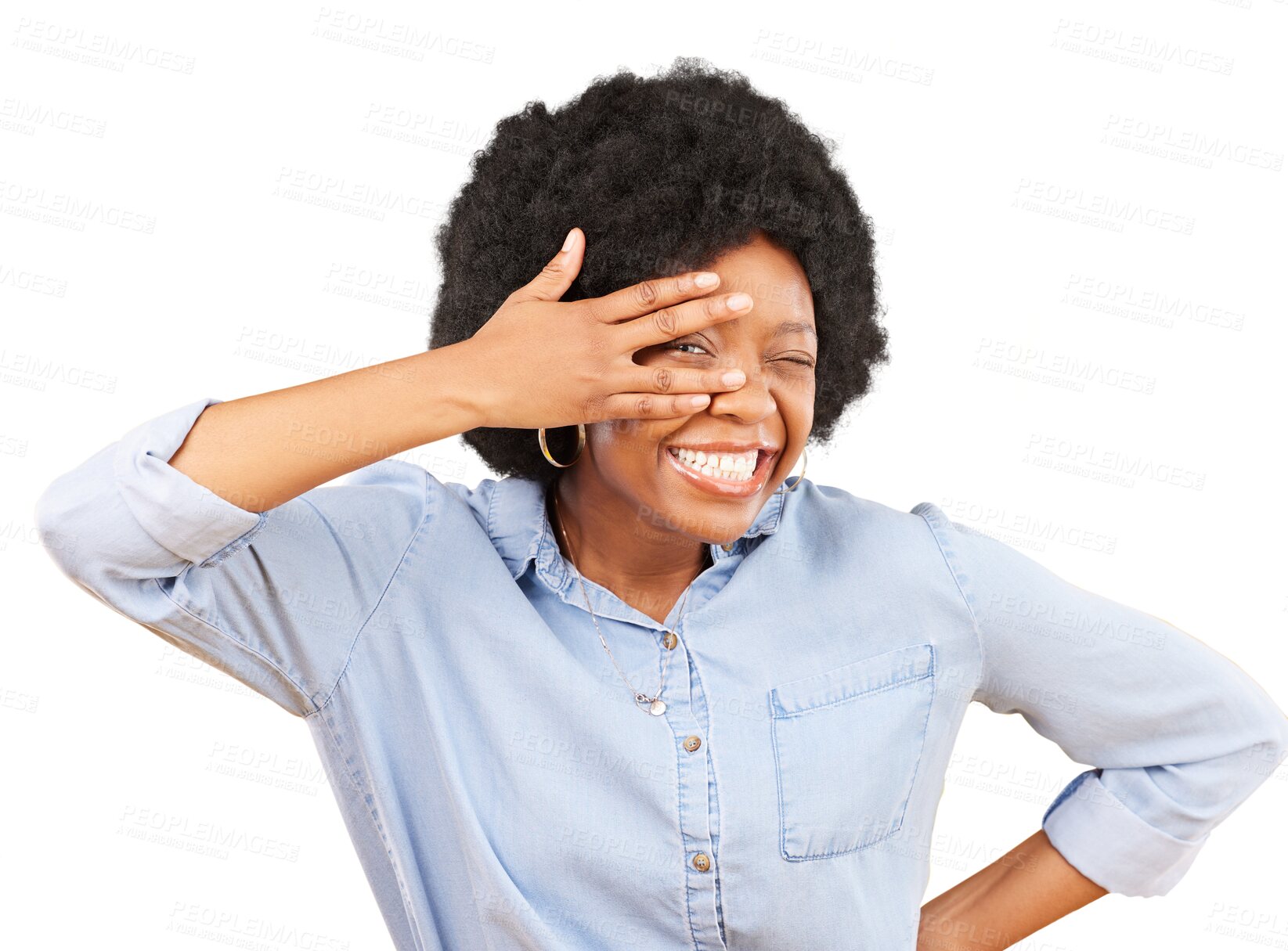 Buy stock photo Excited, V and black woman hand on face, happy and model isolated on a transparent background. Portrait, girl and person with surprise, winning and png with happiness, silly and goofy with expression