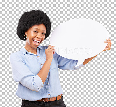 Buy stock photo Social media, happy portrait and woman with speech bubble isolated on transparent png background. Product placement, brand and african model marketing space for voice, advertising mockup and feedback