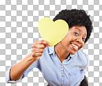 Portrait, heart and social media with a black woman in studio on a yellow background for love or affection. Emoji, shape and romance with an attractive young female feeling excited for valentines day