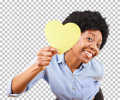 Buy stock photo Portrait, paper heart and black woman for love, affection and isolated on transparent png background. Face of female model smile for emoji sign, shape and icon for romance, kindness or valentines day