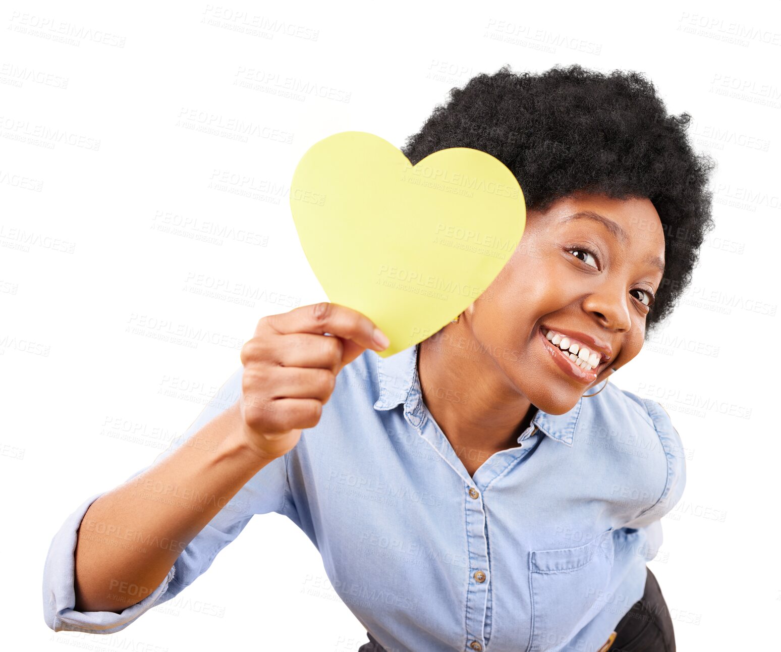 Buy stock photo Portrait, paper heart and black woman for love, affection and isolated on transparent png background. Face of female model smile for emoji sign, shape and icon for romance, kindness or valentines day