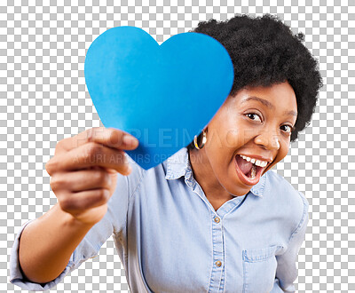 Buy stock photo Blue, heart and portrait of happy black woman on isolated, transparent and png background for autism support. Emoji, shape and face of African female model with message of love, kindness and empathy