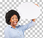 Speech bubble, portrait and happy black woman in studio with mockup for social media, advertising or space. Face, poster and girl with billboard on news, announcement or branding on yellow background