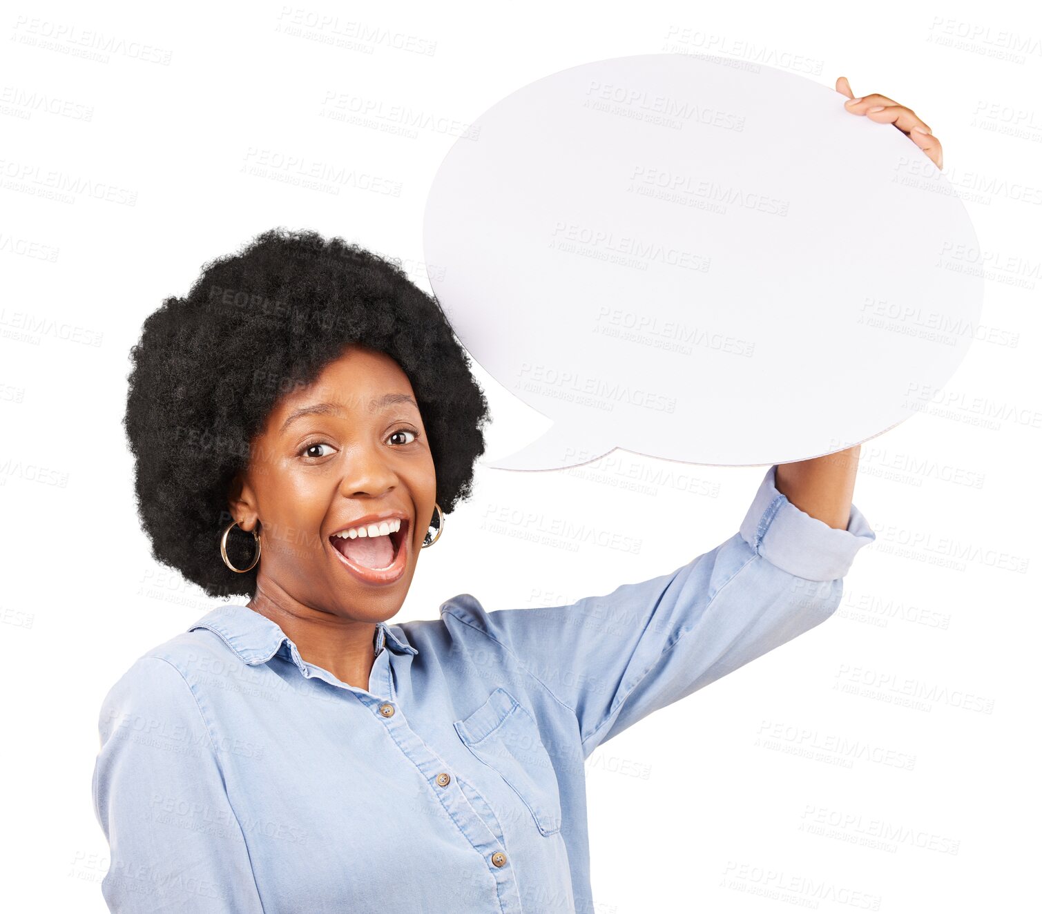 Buy stock photo Portrait, speech bubble and happy black woman with space on isolated, transparent or png background. Social media, poster and African lady face with mockup for voice, vote or FAQ, opinion or wow news