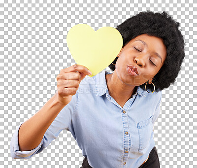 Paper, heart and kiss with black woman in studio for romance, positive and emotion. Happiness, love shape and giving with female isolated on yellow background for date, feelings and affectionate