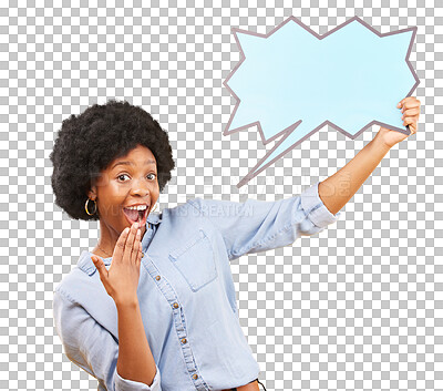 Buy stock photo Surprise, wow and speech bubble with portrait of black woman on png for social media, communication and mockup. News, announcement and idea with person and poster isolated on transparent background 