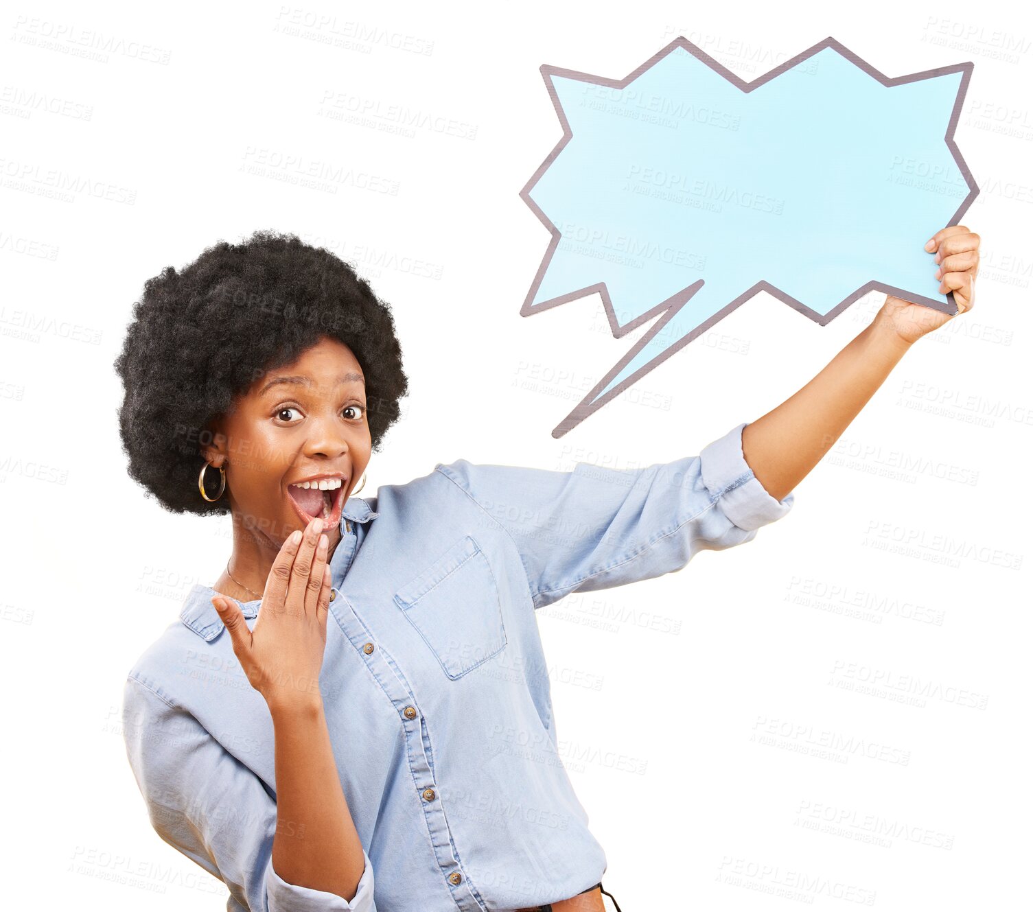 Buy stock photo Surprise, wow and speech bubble with portrait of black woman on png for social media, communication and mockup. News, announcement and idea with person and poster isolated on transparent background 