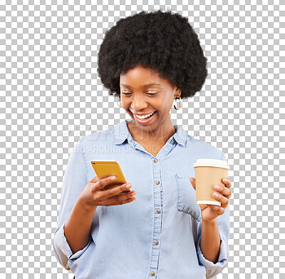 Happy, phone and black woman with coffee in studio, texting and laughing against yellow background. Smartphone, message and female with tea while browsing social media, app or online dating website
