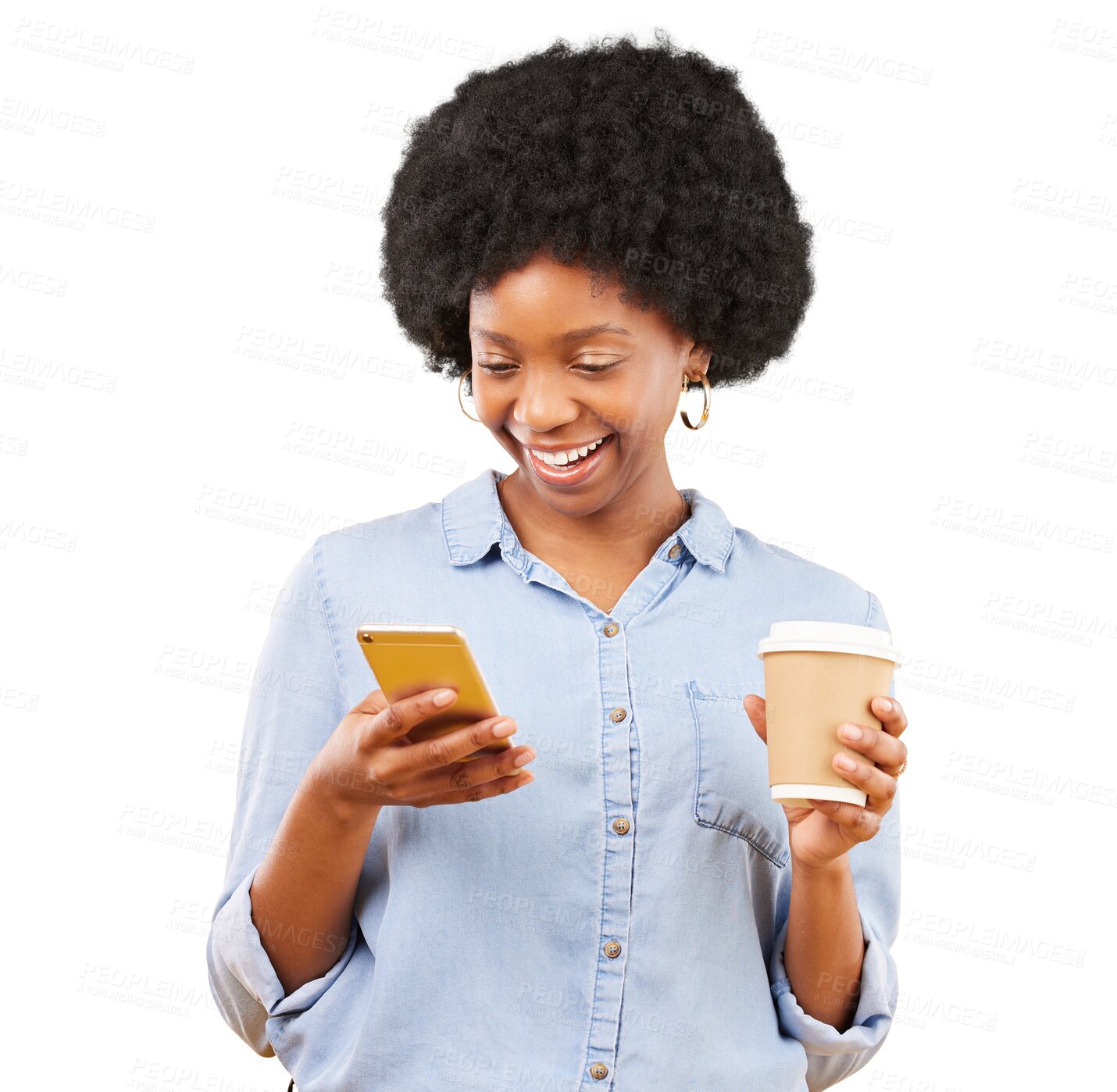 Buy stock photo Happy, coffee and black woman with a phone for communication or chat. Smartphone, message and african person with drink and social media app or online website isolated on transparent, png background