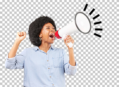 Buy stock photo Megaphone, shout or black woman with protest, human rights or revolution isolated on transparent background. Scream, protester or model with a microphone, speech or democracy vote with png or justice