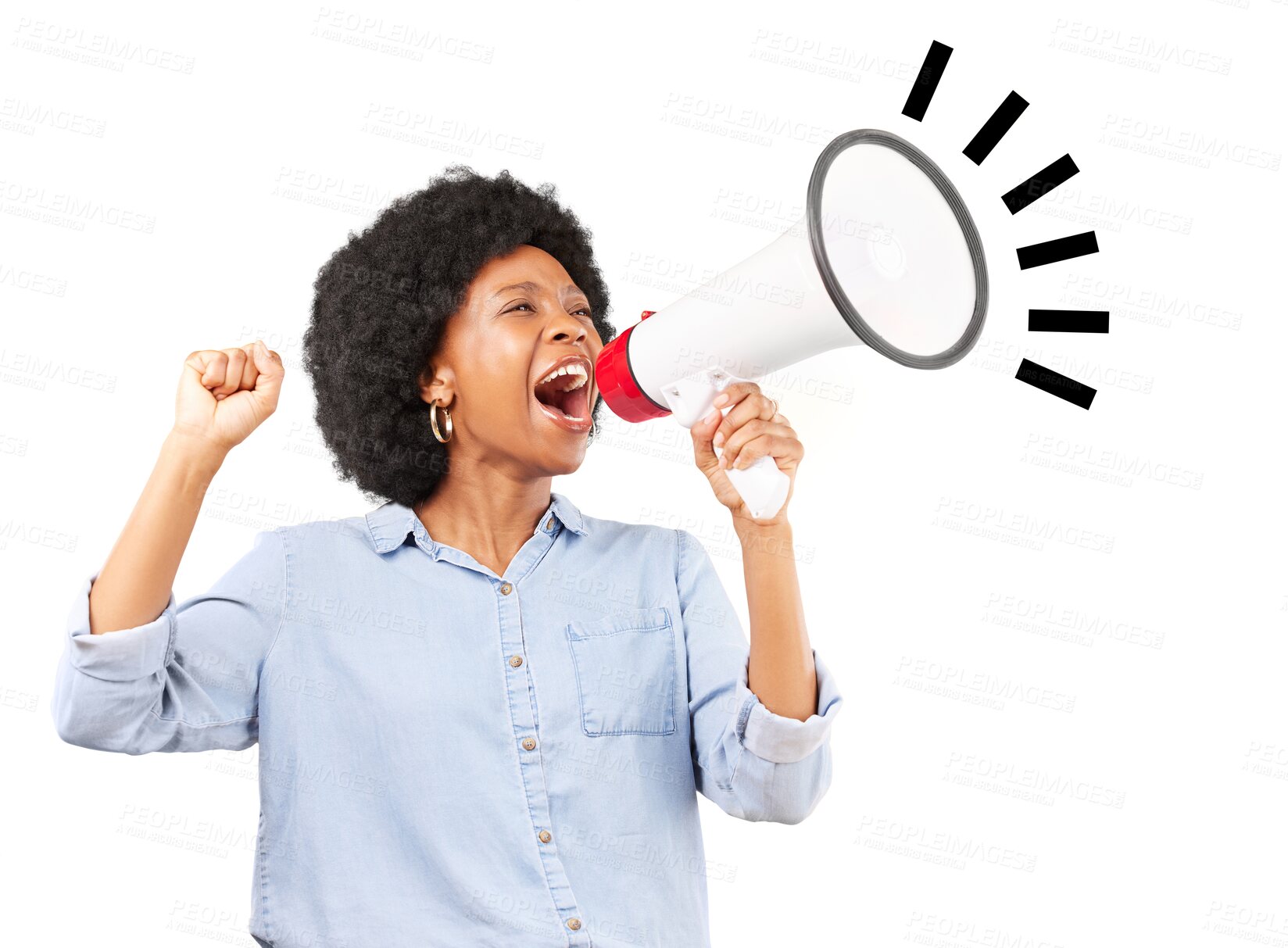 Buy stock photo Megaphone, shout or black woman with protest, human rights or revolution isolated on transparent background. Scream, protester or model with a microphone, speech or democracy vote with png or justice