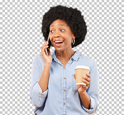 Phone call, happy and black woman with coffee in studio, smile and listening on yellow background. Smartphone, conversation and girl with tea surprised, joke and humor while enjoying speaking online