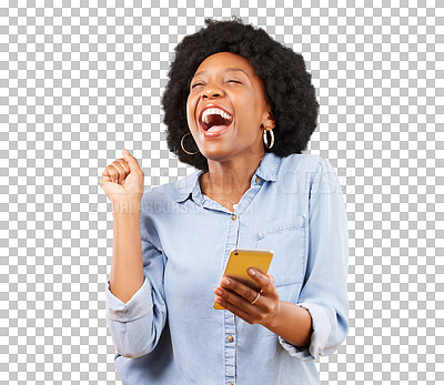 Buy stock photo Excited, celebrate and black woman with a phone for win or success on internet. Smartphone, fist and african person with lottery results, victory or achievement isolated on transparent png background