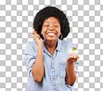 Birthday, wish and cupcake with a black woman on a yellow background in studio for celebration. Happy, smile and dessert with an attractive young female celebrating a special event on a color wall