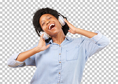 Buy stock photo Black woman, happy and listening to music with headphones for freedom, fun or happiness. African person, energy and radio or audio streaming with technology isolated on a transparent, png background