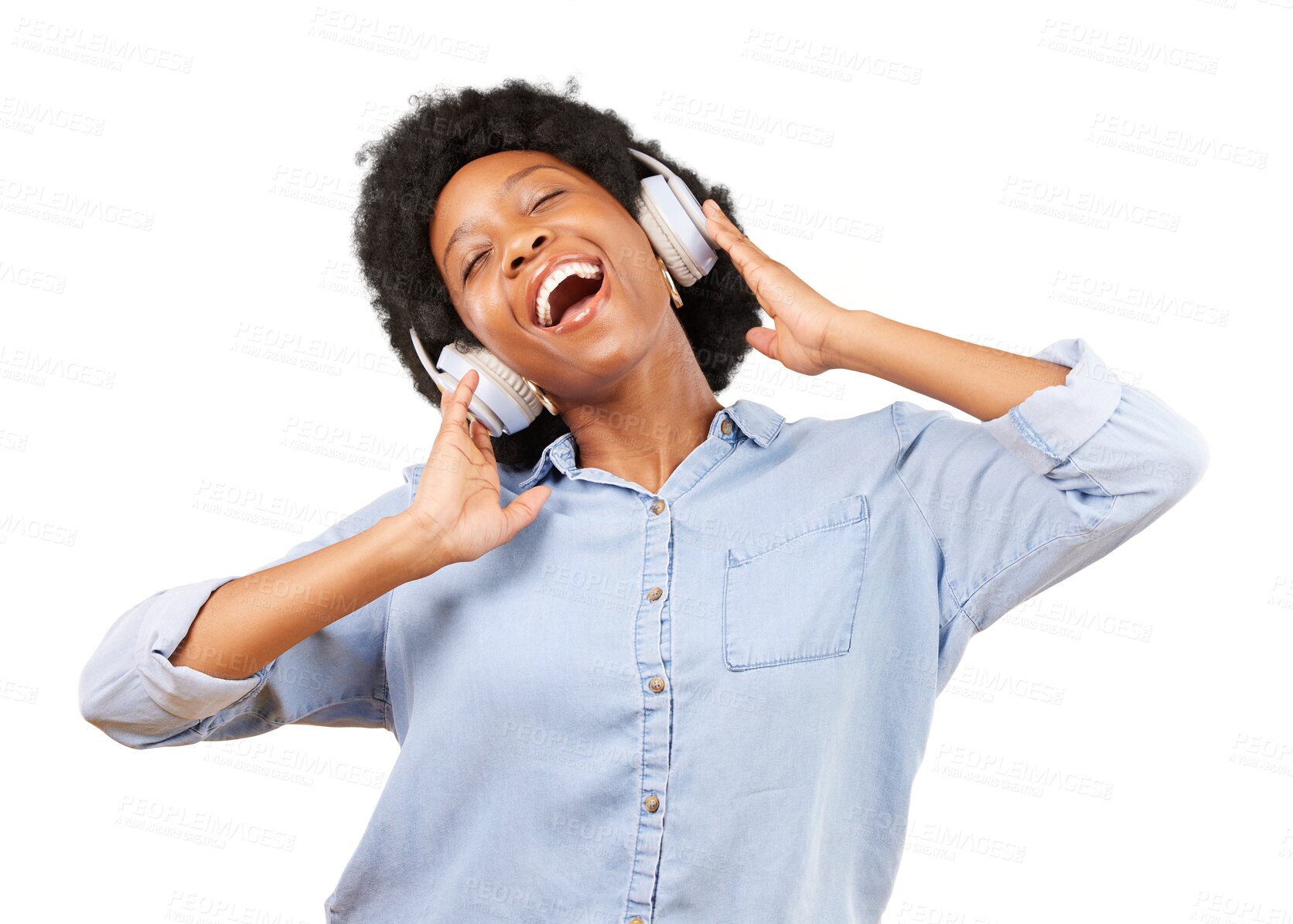 Buy stock photo Black woman, happy and listening to music with headphones for freedom, fun or happiness. African person, energy and radio or audio streaming with technology isolated on a transparent, png background