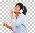 Black woman, singing with headphones and freedom, music and happiness with invisible mic on yellow studio background. Happy female, carefree and radio, audio streaming, fun and energy with technology