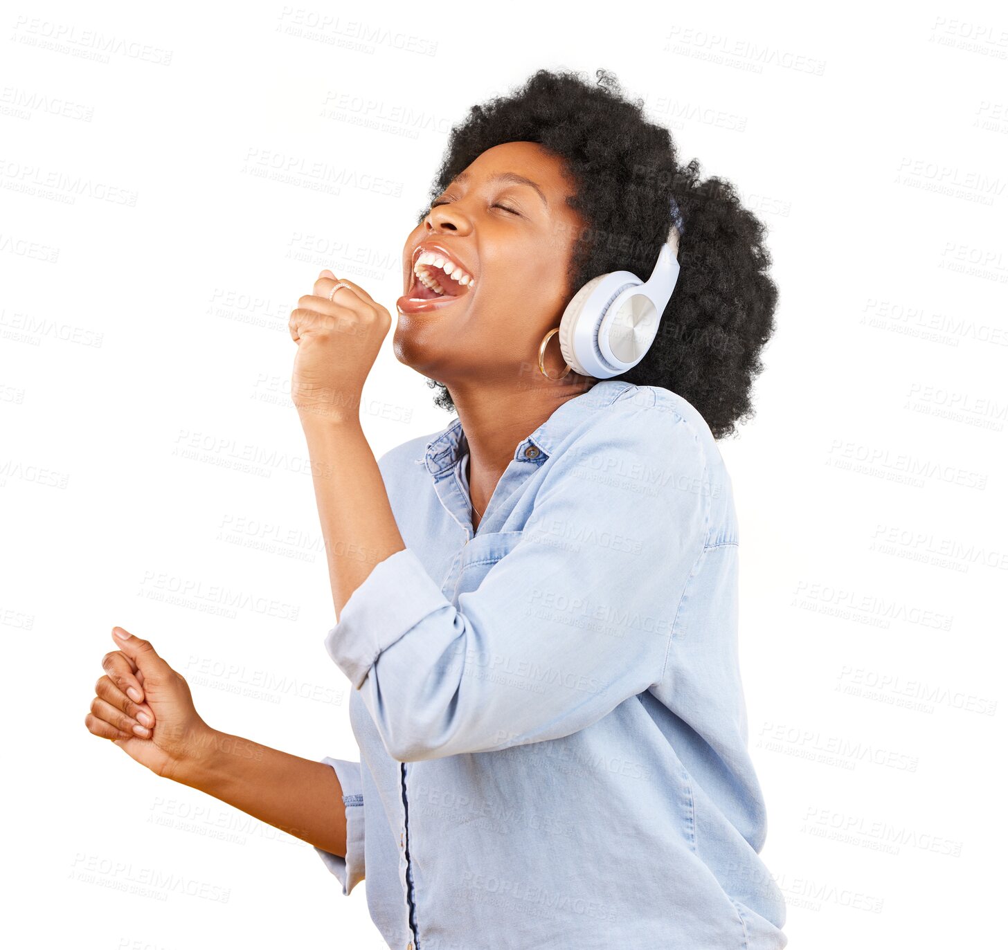 Buy stock photo Black woman, singing and headphones with freedom, music and invisible mic feeling happy. African female person, carefree and radio with audio streaming fun isolated on a transparent, png background