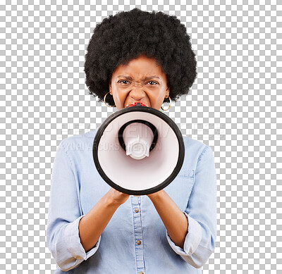 Buy stock photo Megaphone, portrait and angry black woman with speech announcement on isolated, transparent or png background. Bullhorn, news and lady speaker with microphone for protest, change and justice or vote