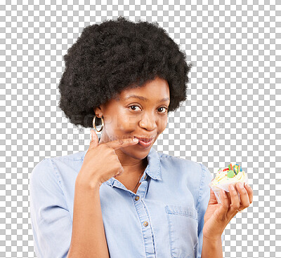 Buy stock photo Black woman, cupcake and portrait with smile or thinking of temptation, food or choice in diet on transparent, isolated or png background. African model, cake and decision for health and nutrition