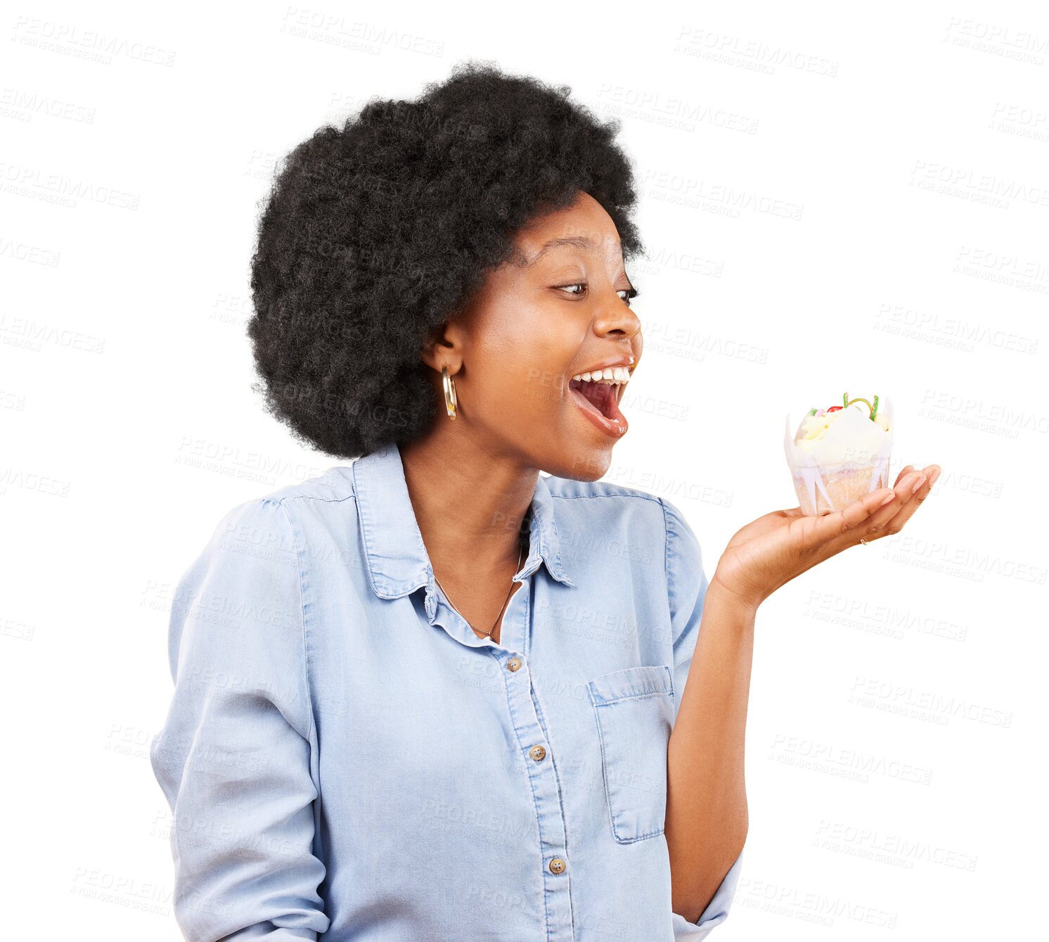 Buy stock photo Excited, surprise and cupcake in hands of a woman eating sweet food isolated on transparent, png background. African female model with afro and dessert for motivation, birthday or celebration