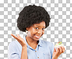Young black woman, cupcake dessert and studio with temptation, cheat diet and junk food by yellow background. African model, cake and choice for healthcare, nutrition and sweets with meal in portrait