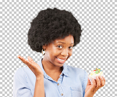 Buy stock photo Cupcake, black woman and portrait with smile or thinking of temptation, food or choice in diet on transparent, isolated or png background. African model, cake and decision for health and nutrition