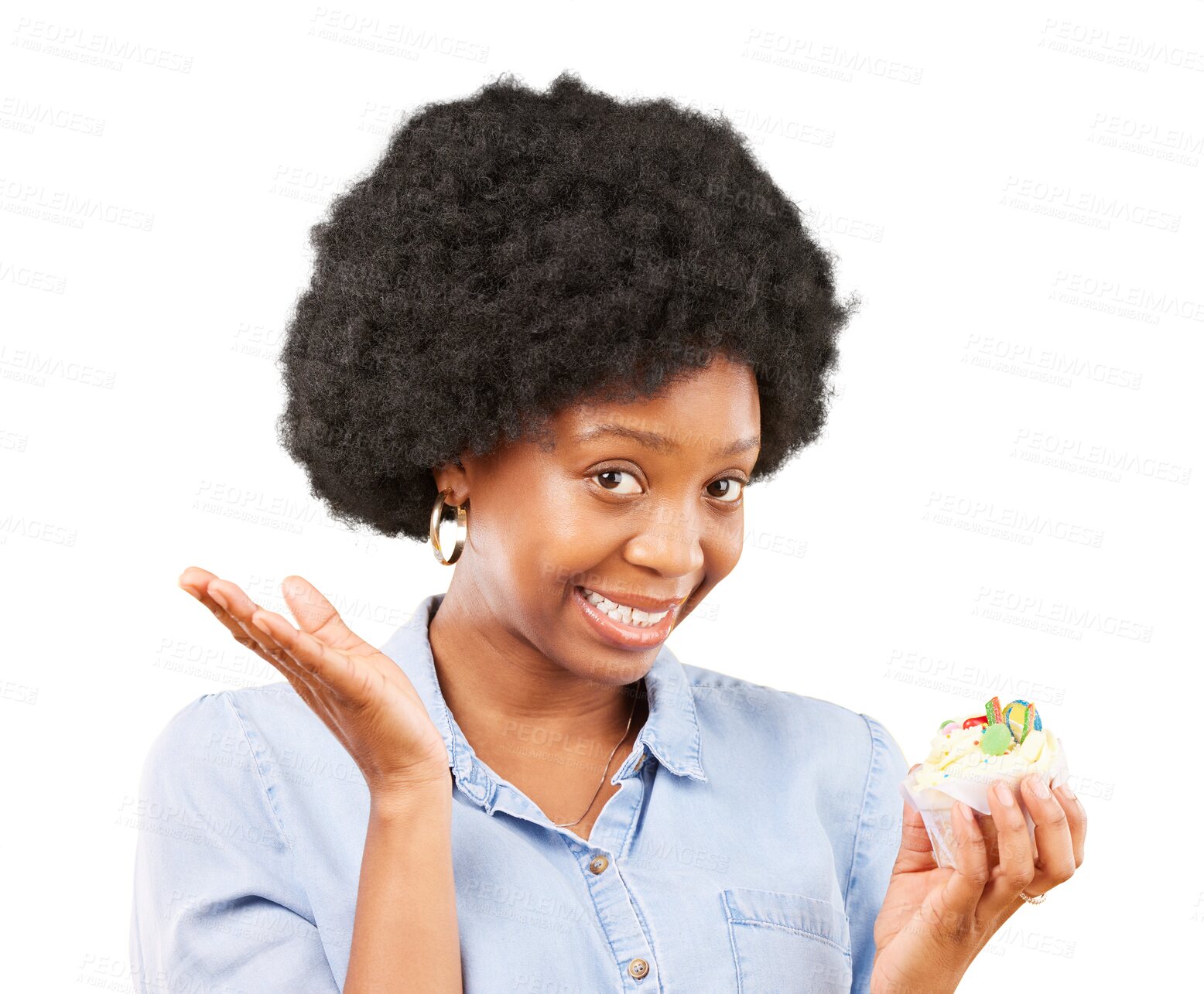 Buy stock photo Cupcake, black woman and portrait with smile or thinking of temptation, food or choice in diet on transparent, isolated or png background. African model, cake and decision for health and nutrition