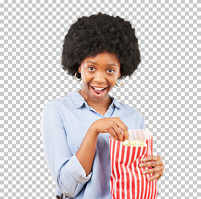 Surprise, wow and popcorn with black woman in studio for movie, streaming service and cinema. Happy, comedy and theatre with female and snack isolated on yellow background for food, tv and film
