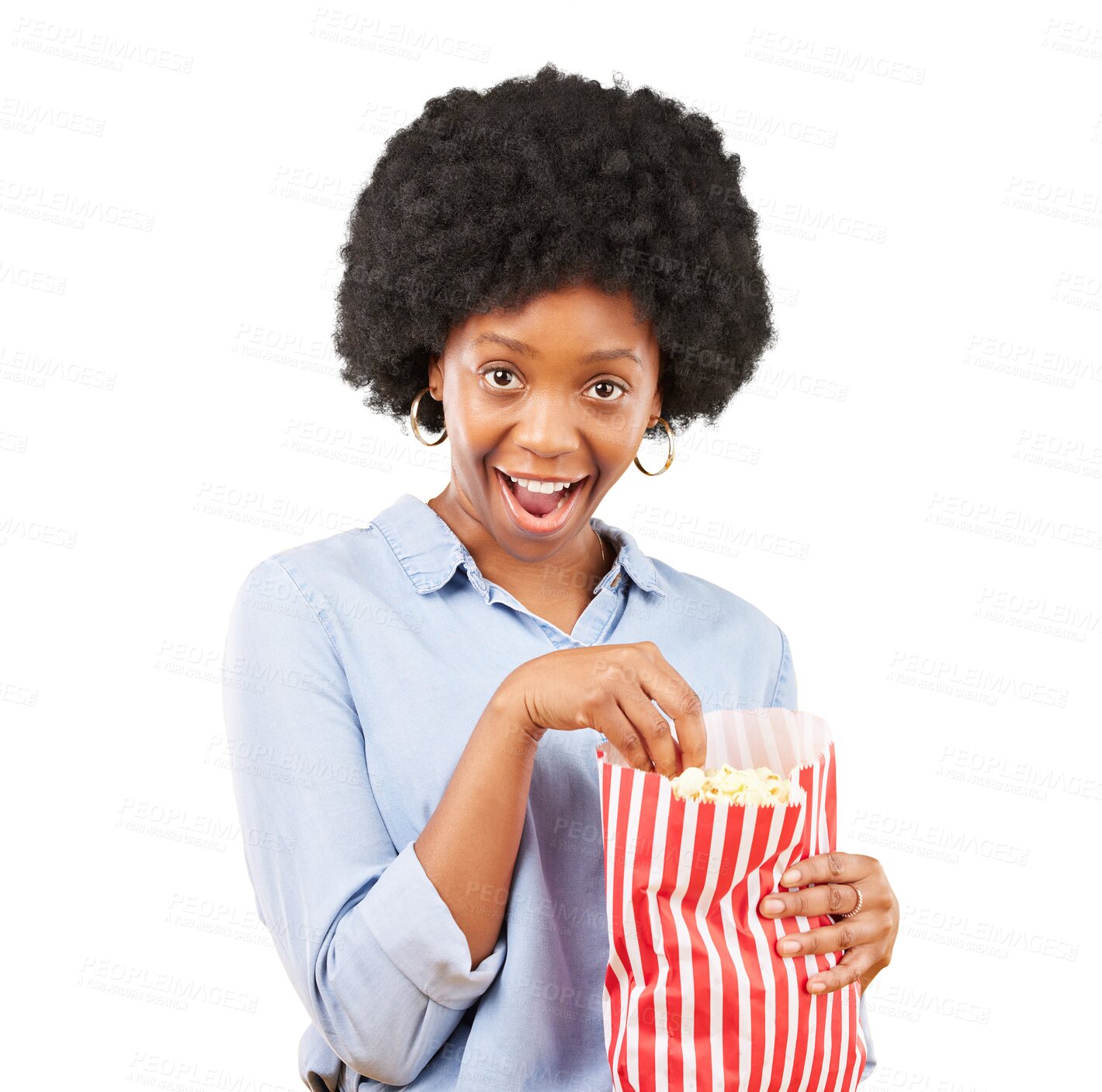 Buy stock photo Wow, surprise and black woman with popcorn in portrait for movie, streaming or cinema. Face, shock and African person in theatre for food isolated on a transparent png background for tv, film or show