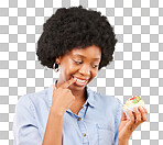 Woman, cupcake and studio with thinking, diet and temptation to cheat with junk food by yellow background. African model, cake and choice for healthcare, nutrition and sweets with discipline for meal