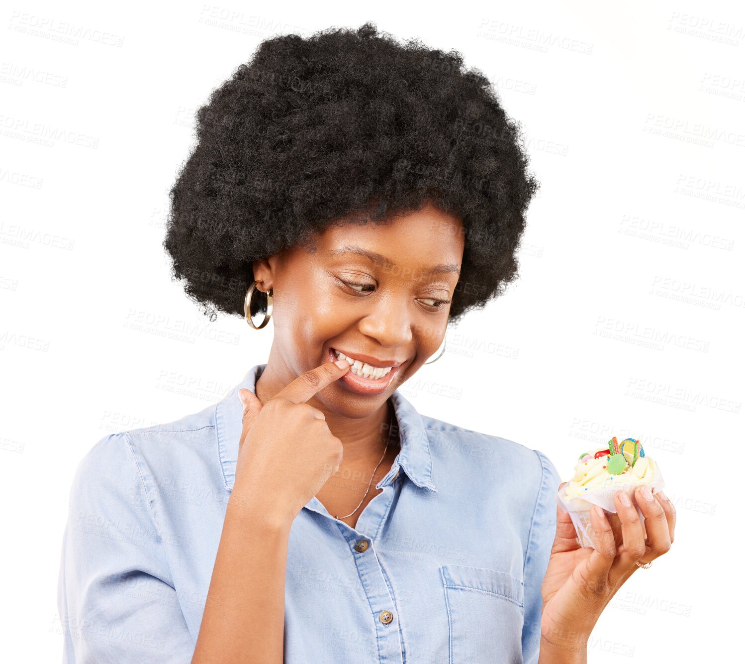 Buy stock photo Black woman, thinking and cupcake in hand or food, temptation and choice in diet on transparent, isolated or png background. African model, cake and decision of health and nutrition or dessert