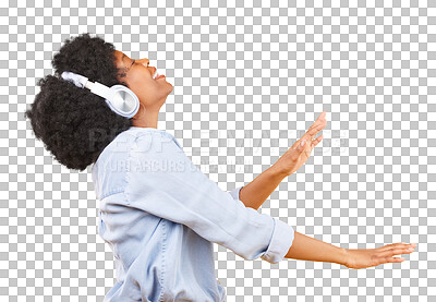 Buy stock photo Happy black woman, dance or music headphones with afro isolated on transparent on png background. Profile, freedom or fun African female person streaming or listening to radio or song track to relax