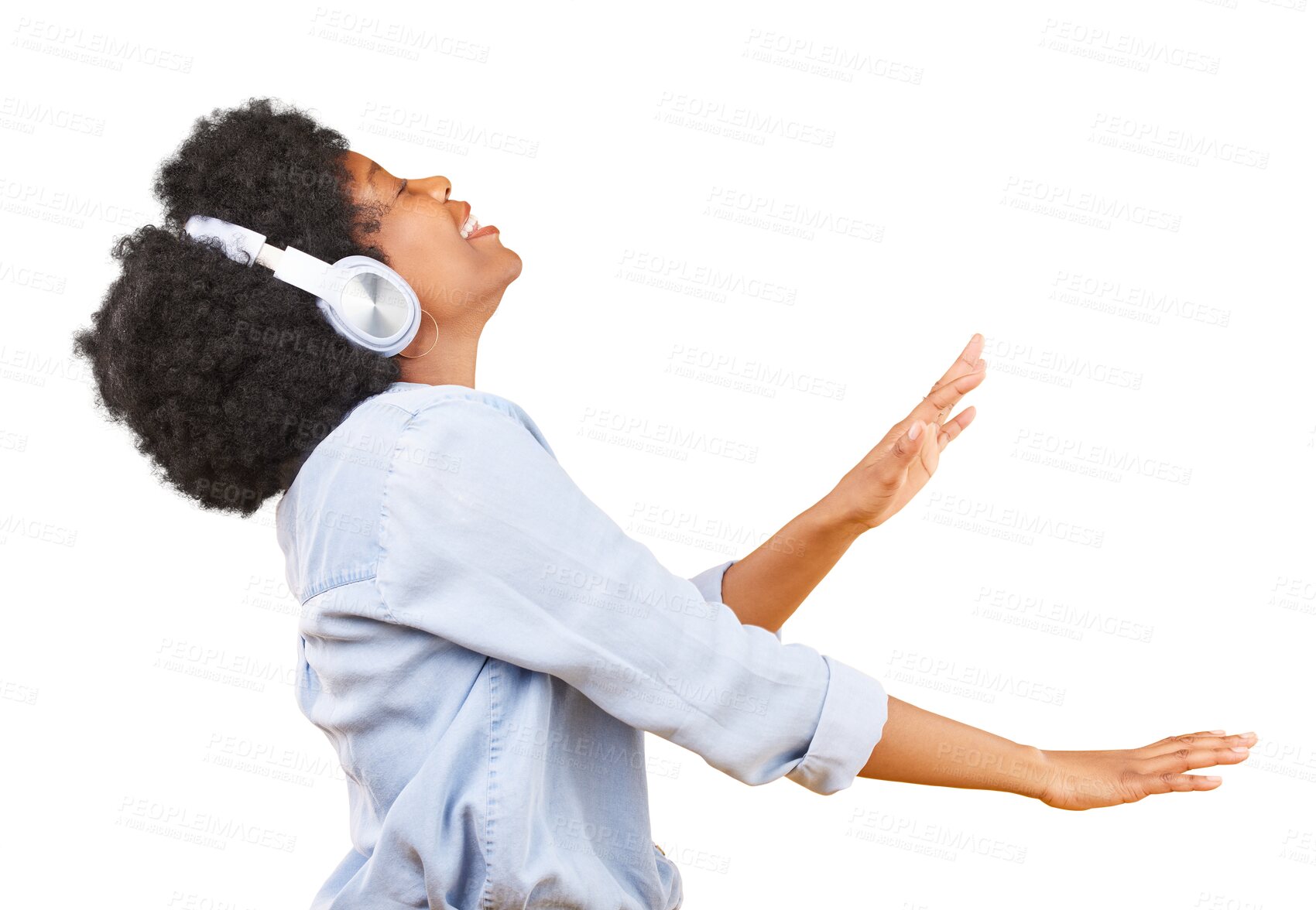 Buy stock photo Happy black woman, dance or music headphones with afro isolated on transparent on png background. Profile, freedom or fun African female person streaming or listening to radio or song track to relax