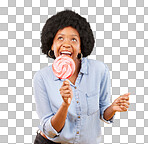 Eating, candy and lollipop with black woman in studio for colorful, cheerful and positive. Young, happiness and dessert with female isolated on yellow background for treats, food and confectionary