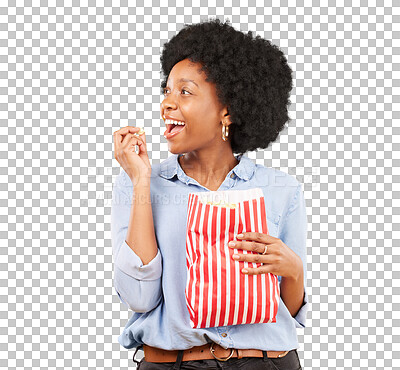 Buy stock photo Thinking, eating and popcorn with black woman in movie, streaming service and cinema. Food, vision and theatre with happy African person isolated on a transparent png background for idea, tv and film