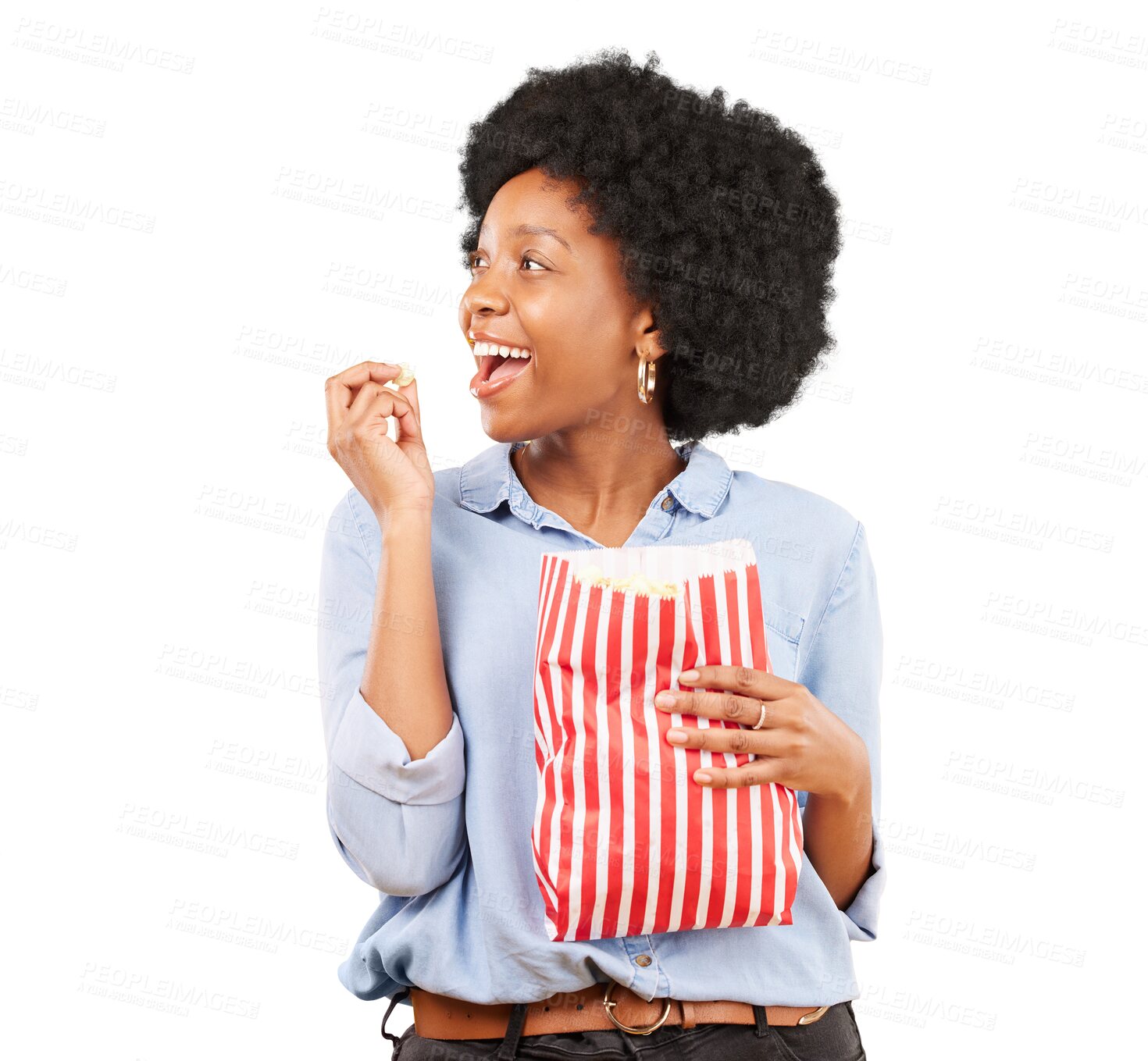 Buy stock photo Thinking, eating and popcorn with black woman in movie, streaming service and cinema. Food, vision and theatre with happy African person isolated on a transparent png background for idea, tv and film