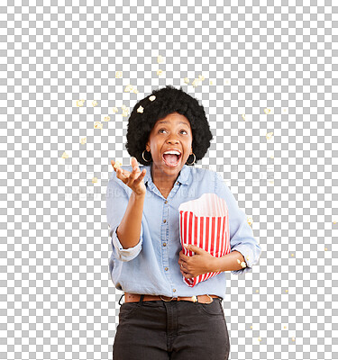 Happy, throwing and popcorn with black woman in studio for movie, streaming service and cinema. Laugh, funny and theatre with female and snack isolated on yellow background for food, tv and film
