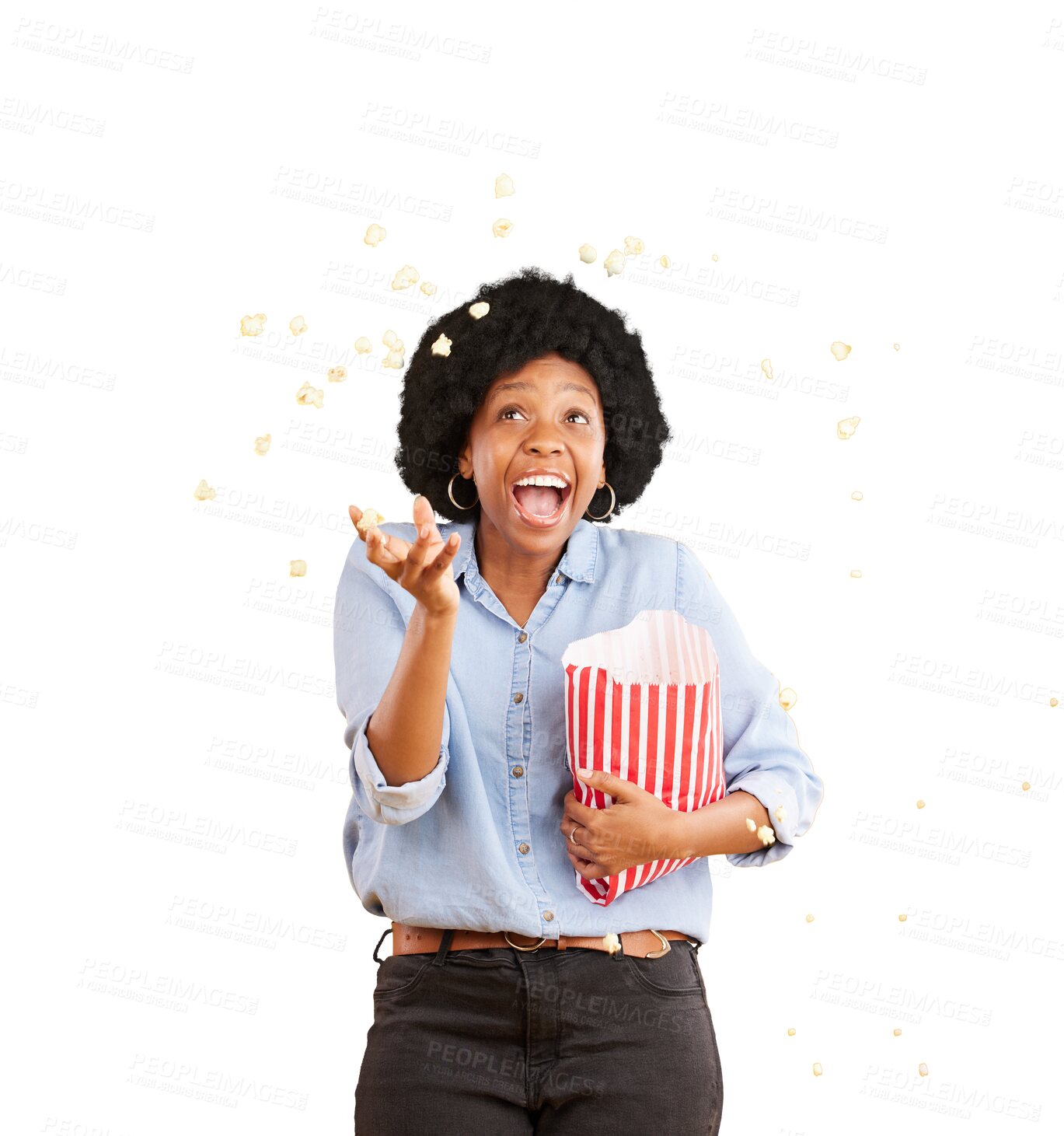 Buy stock photo Funny, throw popcorn and black woman in movie, streaming service or cinema. Air, food and African person in theatre, happy and laugh isolated on a transparent png background for tv, film and snack