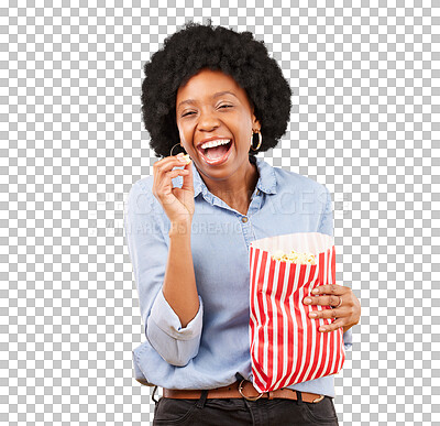 Buy stock photo Funny, comedy and black woman with popcorn in portrait for movie, streaming or cinema. Face, laugh and African person in theatre for food isolated on a transparent png background for tv, film or show