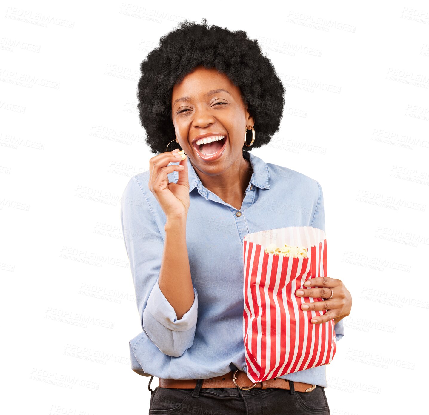 Buy stock photo Funny, comedy and black woman with popcorn in portrait for movie, streaming or cinema. Face, laugh and African person in theatre for food isolated on a transparent png background for tv, film or show