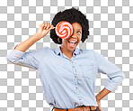 Excited, candy and lollipop with black woman in studio for colorful, cheerful and positive. Young, happiness and dessert with female isolated on yellow background for treats, food and confectionary