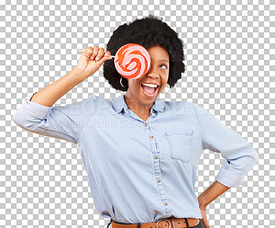 Buy stock photo Candy, excited and black woman with lollipop isolated on a transparent png background. Sweets, happy and African person with sugar snack, hungry for dessert and smile for eating confectionery food